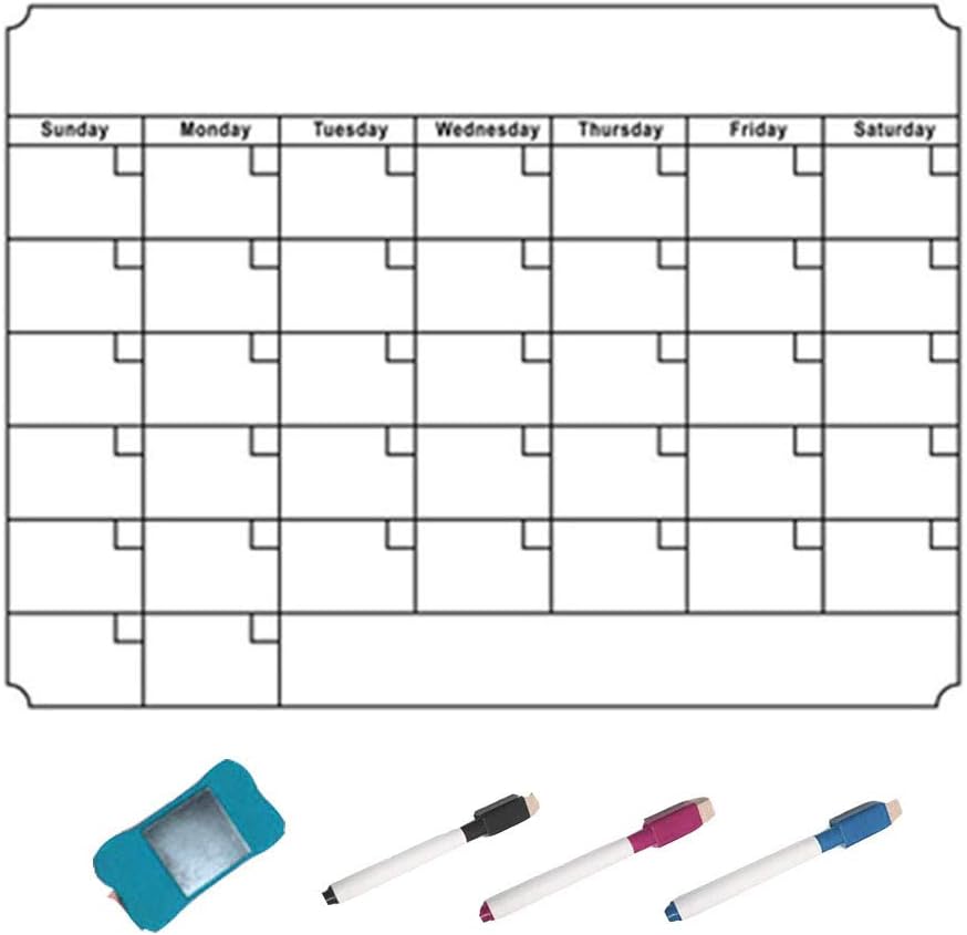 Yuanj Magnetic Fridge Calendar – Ideal for Planning Studies, Tasks or Diets, Magnetic Board Includes 3 Colour Markers azul