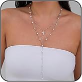 Gold Layered Cross Pearl Lariat Necklaces Set for Women Crucifix Pearls Pendant Y Necklaces Long Beaded Chain Choker Necklace Jewelry Accessories