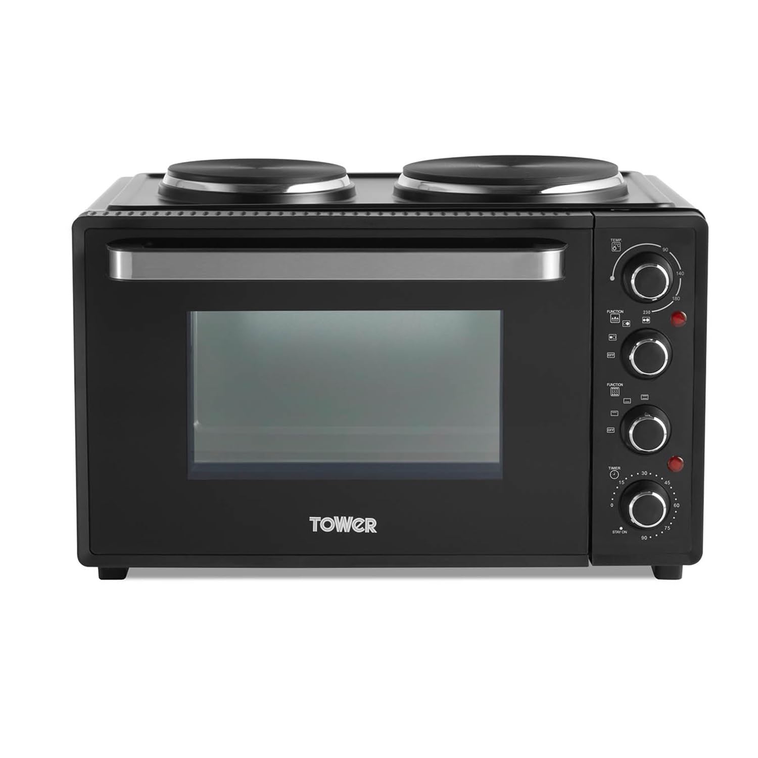 Tower Mini Oven with Dual Hot Plates, 32L, Adjustable Temperature Control, 90 Minute Timer, Baking Tray and Wire Rack, Black with Silver Accents, T14044