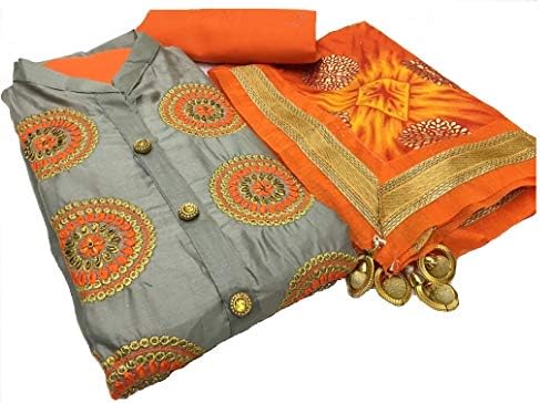 Monika Silk Mill Un Stitched Cotton Satin Embroidered Dress Material with Dupatta