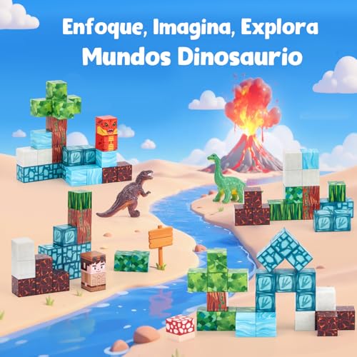 hahaland Bloques Magneticos Construccion Niños 52 Piezas, Cubos Magneticos con Temática de Bosque y Dinosaurios - Juguetes de Viaje Magnetic Blocks Construcciones Magneticas Niños para de 3 4 5 6 Años