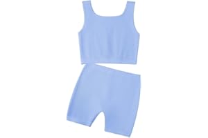 EXARUS Girl's 2 Piece Outfits Workout Set Seamless Ribbed Cropped Tank Tops and Athletic Shorts Summer Kids 6-14Y