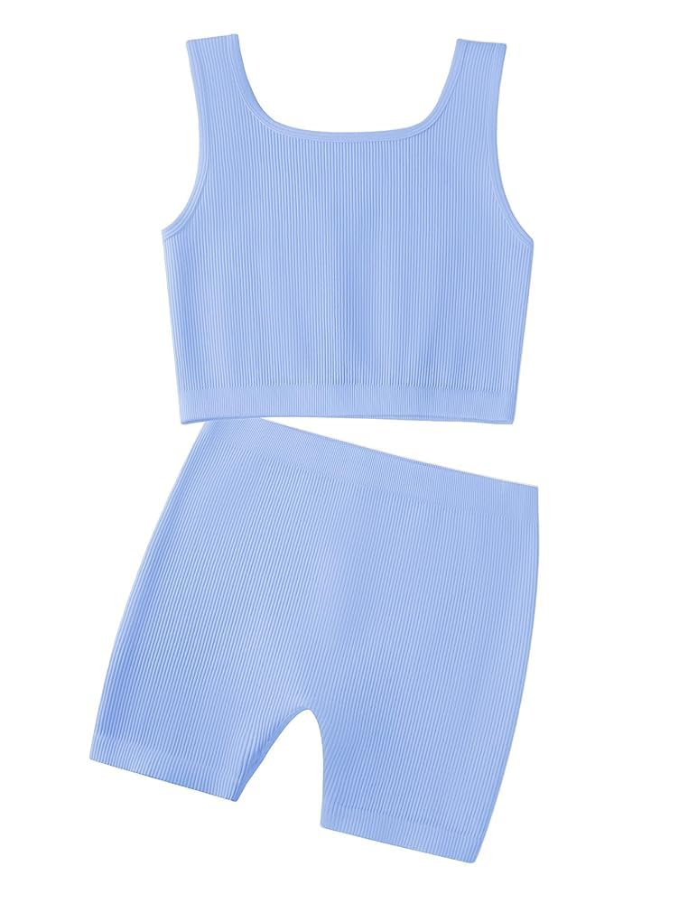 Photo 1 of EXARUS Girls 2 Piece Outfits Workout Set Tank Tops and Athletic Shorts Seamless Ribbed Crew Neck Kids Summer Blue 8Y