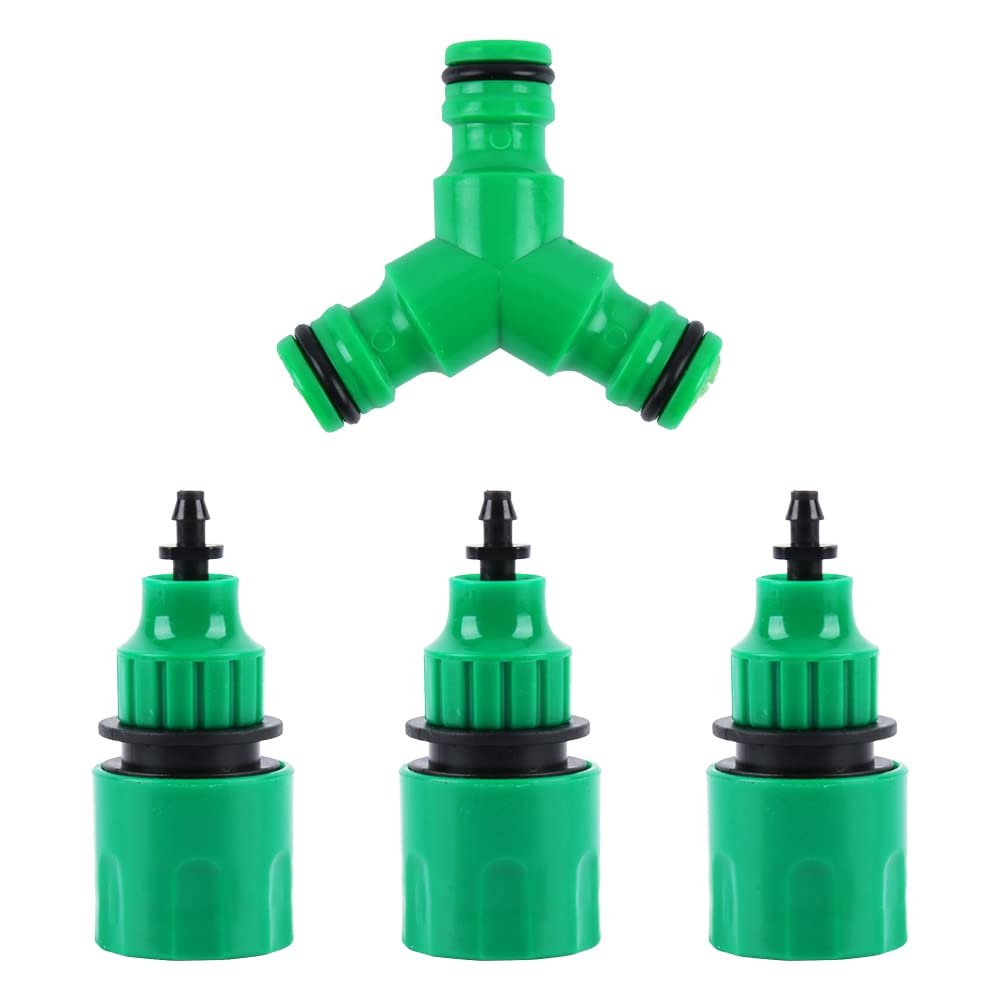 Garden Water Hose Quick Connector Kits 1 PC Three-Way Connector Water Diverter Snap On Hose Splitter + 3 PCS 3/8 Micro Hose Connector