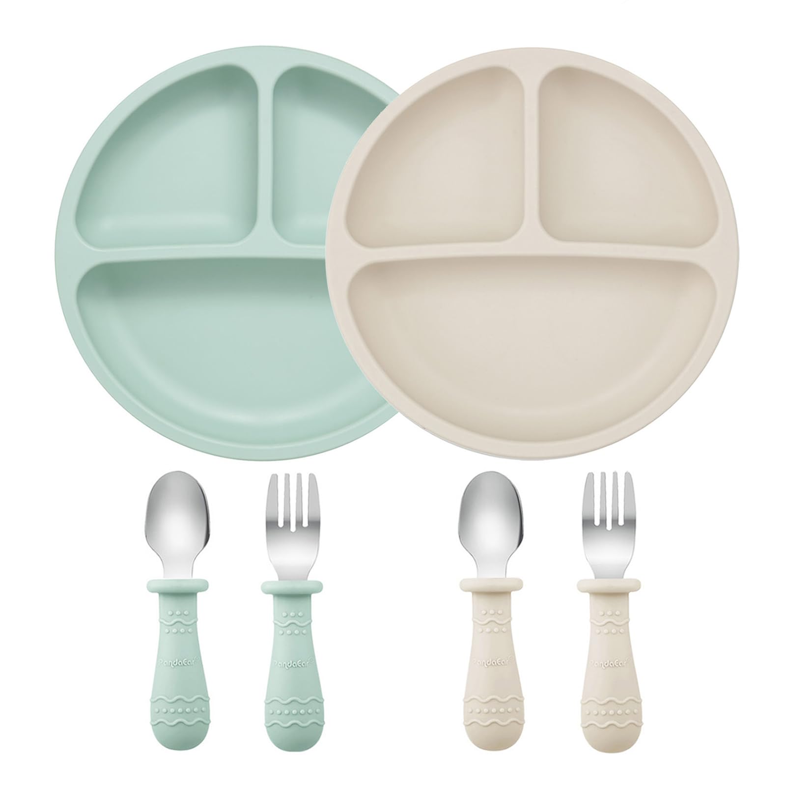 PandaEar 2 Pack Baby Suction Plates for Weaning with Stainless Steel Spoons Forks, Silicone Toddler Plates for Childrens Kids, Unbreakable Divided Baby Plate with Suction, Non-Slip, BPA Free