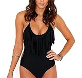 V28® Padded One Piece Fringed Swimsuit Swimwear Monokini (US size: M, Black2)