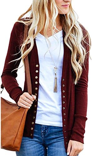 NianEr Womens Knit Button Up Cardigan Sweaters Long Sleeve V Neck Snap Cardigan For Juniors,Burgundy,Medium
