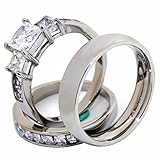 His/Hers 3 pcs Stainless Steel Princess Cut CZ Engagement set and Mens Matching Band-W9M13