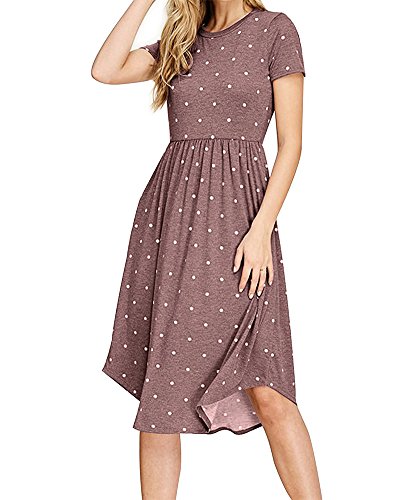 LEANI Women Polka Dot Long Sleeve Casual Pleated Swing Midi Dress with Pockets Coffee