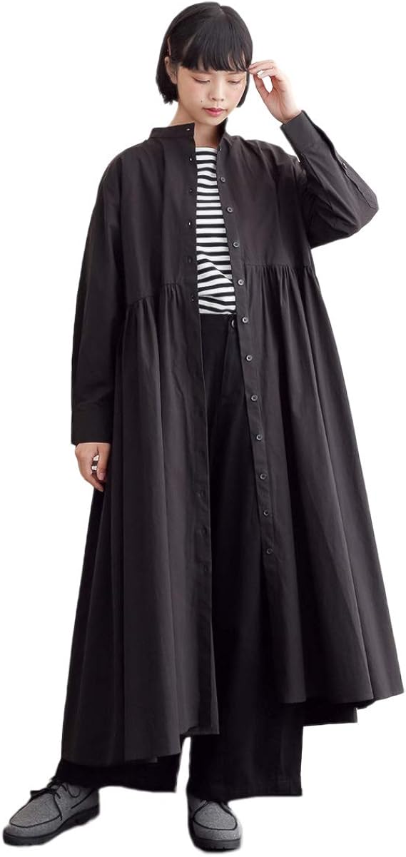 Amazon メルロー Merlot ウエストギャザーコットンシャツワンピース ブラック ワンピース チュニック 通販