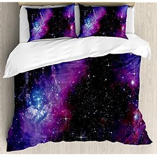Ambesonne Space Duvet Cover Set, Nebula Dark Galaxy with Luminous Stars and Cosmic Rays Astronomy Explore Theme, Decorative 3 Piece Bedding Set with 2 Pillow Shams, King Size, Purple Blue