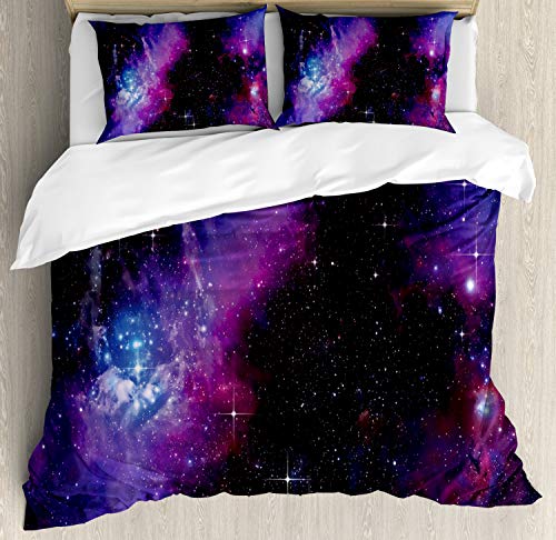 51Kk1q7IE2L Ambesonne Space Duvet Cover Set, Nebula Dark Galaxy with Luminous Stars and Cosmic Rays Astronomy Explore Theme, Decorative 3 Piece Bedding Set with 2 Pillow Shams, King Size, Purple Blue