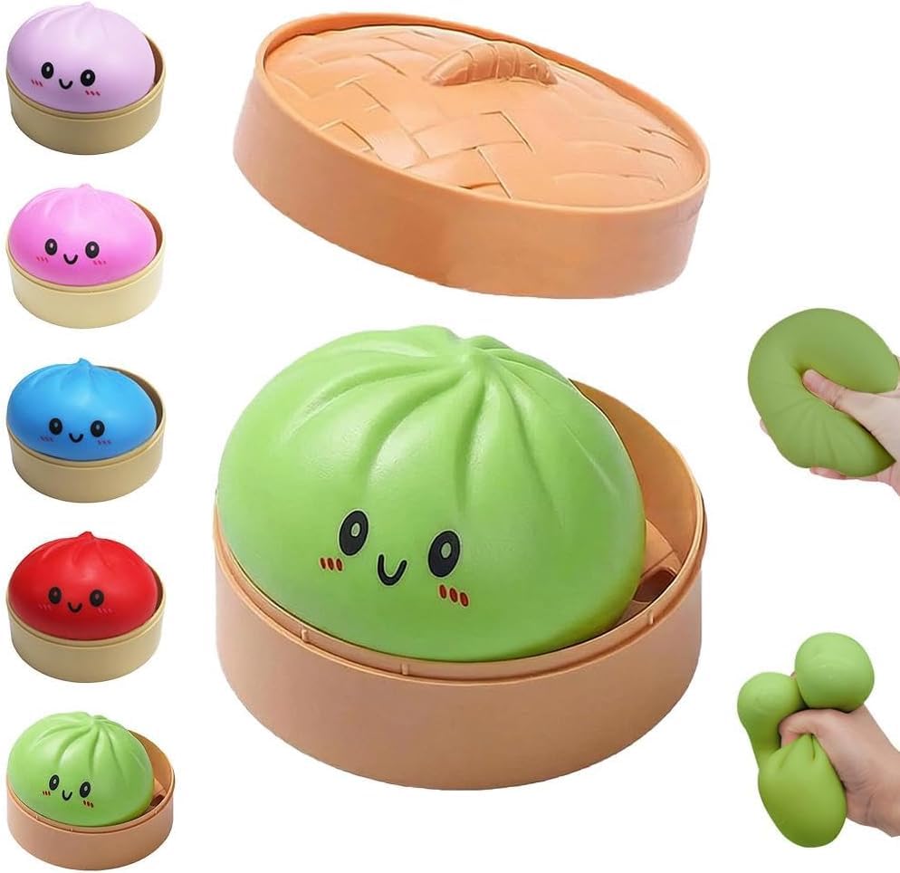 Dumpling Squishy, Mystery Squishy Dumpling Box, Stress Relief Fidget Easter Gifts for Kids & Adults, Squeeze Dough Ball Stress Relief Hand Toys with Food Steamer Stretchy Desk Toys (Green)