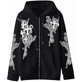 NEWDEM Zip Up Oversized Hoodies Women Men, Graphic Gothic Jackets Cross Hoodie, Baggy Streetwear Fleece Sweater Unisex
