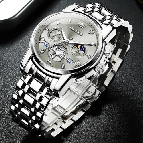 OLEVS Men Silver Watches,Men's Stainless Steel Chronograph Watch,Man Analog Quartz Big Face Male Watches Luxury Waterproof Roman Numeral Dress Diamond Relojes para Hombre