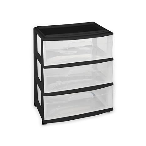 Homz Plastic 3 Drawer Wide Cart Black Frame Clear Drawers 4