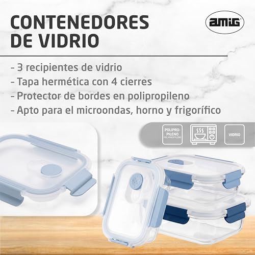 - Lote 3 Contenedores Herméticos de Vidrio - 370ml, 640ml, 1050 ml - Transparente - Tapa de polipropileno - Aptos para Almacenar, Transportar y Calentar Alimentos - Mod. 700