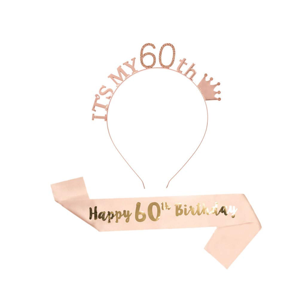 CHTENG Rose Gold Happy Birthday Sash and Tiara Rhinestone Crown Headband for Birthday Party Supplies (60)