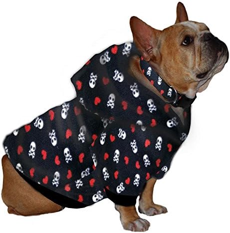 Plus Size Pups French Bulldog Hoodie Sweatshirt Fits 16 to 30 Pound Dog - Tiny White Skulls with Red Hearts on Black Fleece