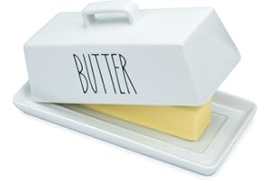 Heartland Home Porcelain Covered Butter Dish with Lid for Countertop (Lid with Handle). 7.6" x 3.8" Butter Holder Container for One Stick of Butter. Textured Tray Butter Keeper for Non Slip Storage