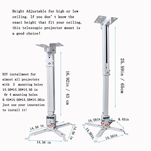 Extendable Ceiling Projector Mount Adjustable Projector Wall Mount Universal Projector Mount White 16-25 inch Thickened Steel for LCD/DLP Ceiling Projector BenQ, ViewSonic, Epson, Optoma, Asus Acer - Thumbnail 3