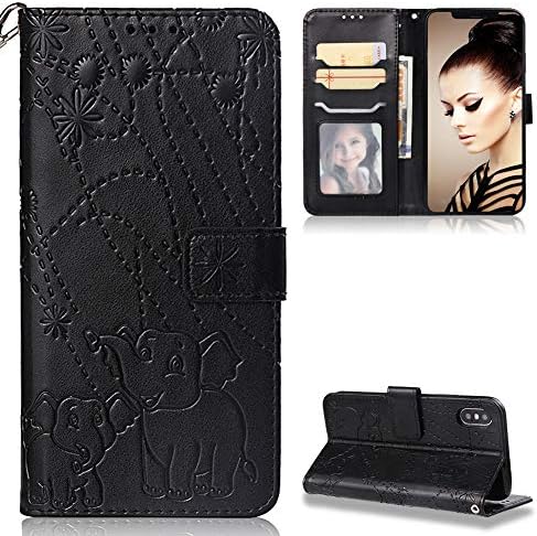 ZCXG Compatible with iPhone X iPhone XS Case Black Flower Elephant Clear Leather Wallet Flip Shockproof Phone Protective Shockproof Ultra Slim Cover for iPhone X iPhone XS