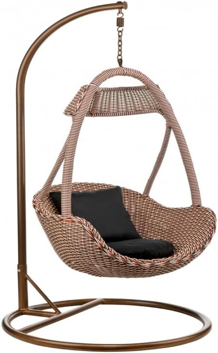 Basket Hanging Chair, Brown Rattan with Black Padded Cushion, Indoor and Outdoor Use by FADS Homestyle
