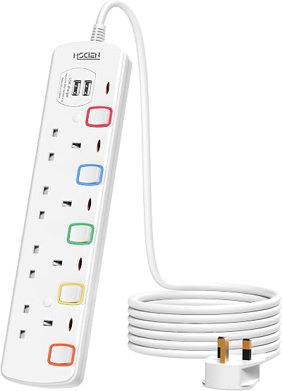 Mscien 4 Port Extension Lead with USB 2 Ports 4m Wall Mount White