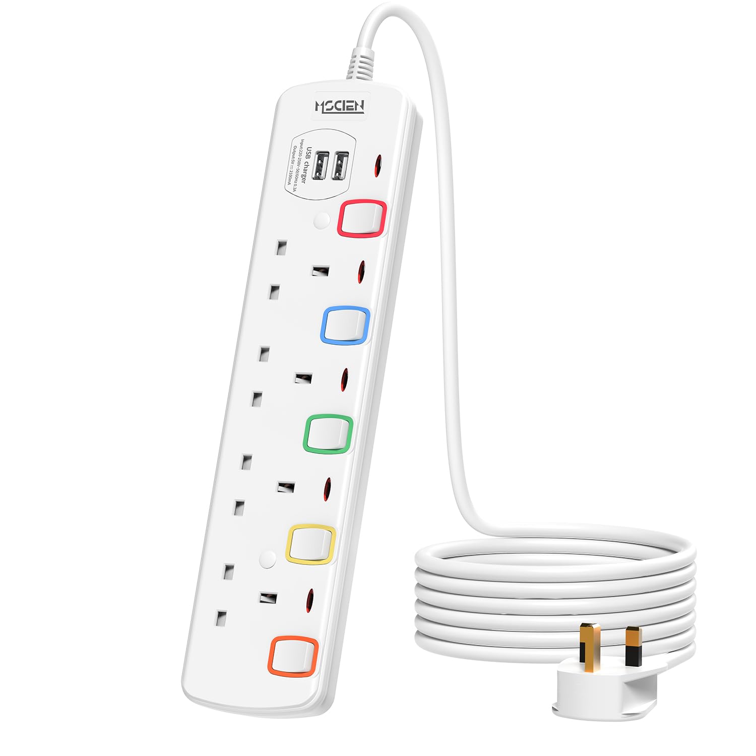 4M 4 Way Extension lead with USB Slots, Mscien Extension Lead with Individual Switches, White Wall Mountable Plug Extension Cord