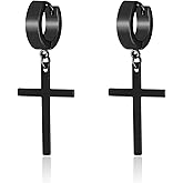 KaFu Punk Cross Dangle Drop Earrings Hypoallergenic Stainless Steel Cross Hoop Huggie Earrings Gothic Cross Earrings for Men and Women Unisex Sliver Black