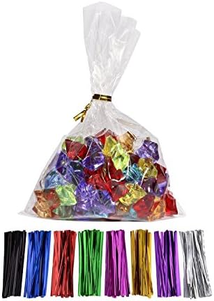 300 Pcs 9 in x 5 in(1.4mil.) Clear Flat Cello Cellophane Treat Bags Good for Bakery, Cookies, Candies ,Dessert with 5 color random Twist Ties!