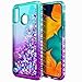 Galaxy A20 Case, Galaxy A30 Case with Tempered Glass Screen Protector, NageBee Glitter Liquid Floating Waterfall Durable Girls Women Cute Case for Samsung Galaxy A30/A20 (6.4 Inch) -Aqua/Purple
