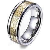 SWOPAN Men's Celtic Dragon Ring 8MM Silver/Black/Blue/Red/Gold Carbon Fiber Stainless Steel Wedding Band for Men Women Engagement Bands High Polished Beveled Edges Promise Rings Comfort Fit Size 5-13