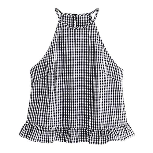 Blouses for Women Fashion 2019, Women Fashion Sleeveless Gingham Buttoned Keyhole Back Frill Halter Tank Tops Black - Thumbnail 7