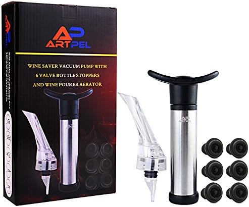 [Upgraded Version] Wine Saver Vacuum Pump Preserver and Wine Pourer Aerator from ArtPel with 6 Valve Air Bottle Stoppers, Best Quality, Perfect Gift, To Save your Wine Fresh