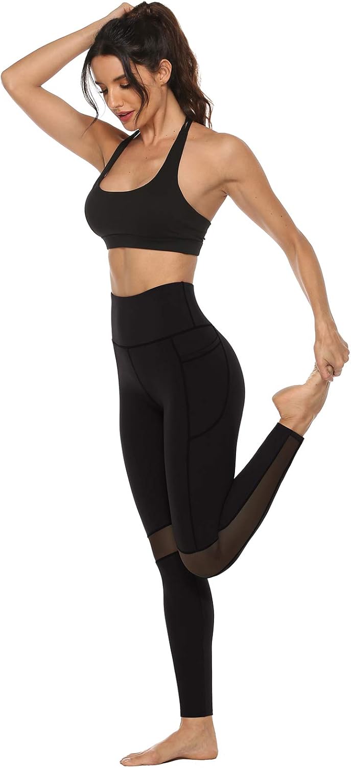 AFITNE Women's High Waist Mesh Yoga Leggings with Pockets, Tummy Control 4 Way Stretch Workout Non See-Through Yoga Pants at  Women’s Clothing store