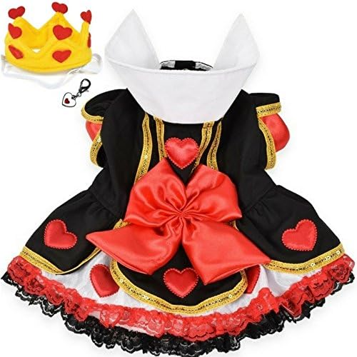 Queen of Hearts Costume Dress with Charm and Heart Crown Headpiece – for Dogs – Sizes XS Thru L (S – Chest 12-14”, Neck 7-8.5”, Back 9.25”, Red/Black)