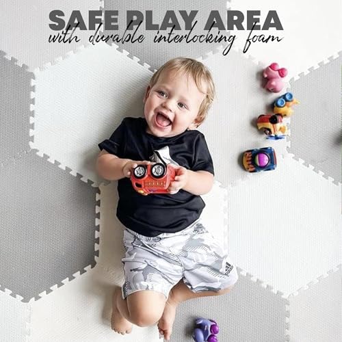 Baby Play Mat - Non-Toxic Extra-Thick Kid's Puzzle Exercise Activity Mat - Soft EVA Foam Interlocking Hexagon Floor Tiles, Grey & White, 48” x 72”
