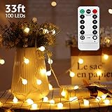 TuoPuLife LED String Lights,33ft 100 Led Waterproof Ball Lights, Battery Powered Starry Fairy Globe String Lights with Remote Timer for Bedroom, Garden, Christmas Tree, Wedding, Party (Warm Light)