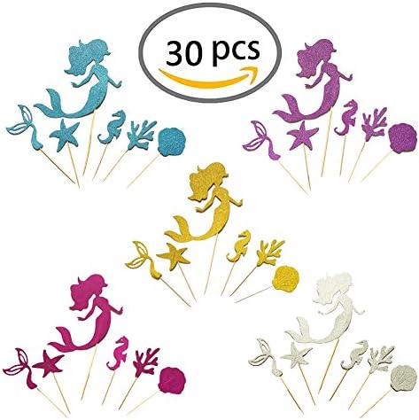 KWJOY 30 Pieces Sea Style Theme Glitter Cupcake Toppers for Baby Shower Party Favors Including Mermaid, Seahorse, Seashell, Fishtail, Starfish£¬Coral