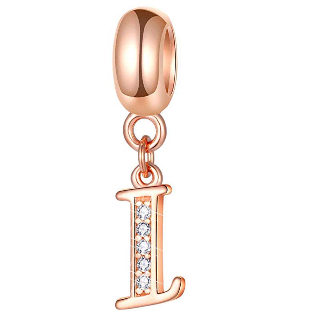 925 Sterling Silver Rose Gold Charm Alphabet Charm Love Charm Anniversary Charm Birthday Charm for Pandora Charm Bracelet (I)