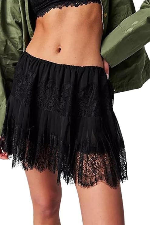 Women's Y2k Lace Half Slip Skirt Low Rise Pleated Ruffle LaceTrim