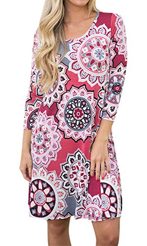 For G and PL Womens 3/4 Sleeve Loose Floral Print Casual Crew Neck Pocket T Shirt Dress Red XL