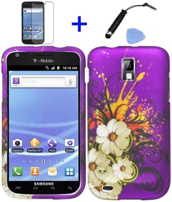 (4 items Combo: Stylus Pen, Screen Protector Film, Case Opener, Graphic Case) Purple White Hawaiian Flower Green Vine Design Rubberized Snap on Hard Shell Cover Faceplate Skin Phone Case for (T-Mobile) Samsung Galaxy S2 / SII/ II/ 2 / T989