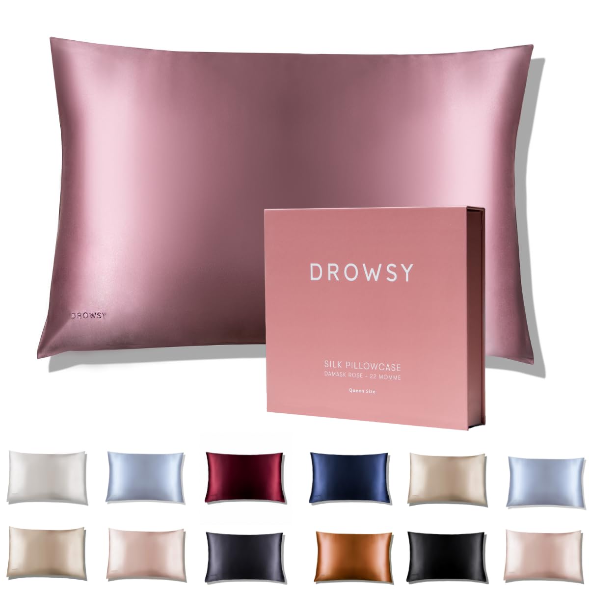 Drowsy Silk Pillowcase - 100% Pure Mulberry Silk - 22 Momme 6A High-Grade Fibers - Skin, Hair and Sleep Benefits - Envelope Opening - Queen/King Size (Damask Rose)