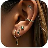 LOFITOR 5 Pairs Sterling Silver Post Stud Hoop Earrings Set Dainty 14k Gold Plated Earrings for Women S925 Green CZ Cartilage Stud Huggie Earring for Multiple Piercing Small Earring Stacks