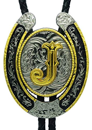 Moranse Upgrate Bolo Tie Golden Initial Letter A to Z In Western Cowboy Horseshoe Style with Cowhide Rope Necktie(J)