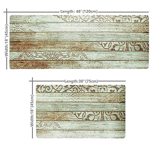 Kitchen Floor Comfort Mat Set, HiiARug Anti Fatigue Standing Mats 2-PACK Kitchen Runner and Rug Waterproof Oil Proof Ergonomic PU Leather Cushioned Kitchen Rug Set (Wood Pattern2, 18"x30"+18"x48")