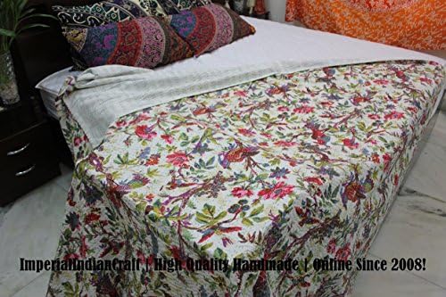 ImperialIndianCraft 100% Handmade Indian Kantha Quilt Blanket Comforter - Multicolored Shade Bird Of Paradise Printed Quilt, Bohemian, Mediterranean, Vintage Bedding PREMIUM QUALITY | KING SIZE