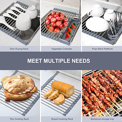 Expandable Roll up Dish Drying Rack - Over The Sink Drying Rack with 2 Utensil Racks, Multipurpose SUS304 Stainless Steel Roll up Sink Rack, for Cups Fruits Vegetables Tableware. Dishwasher Safe
